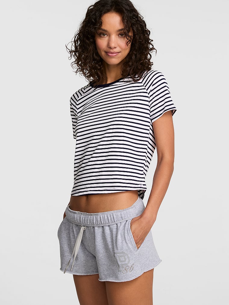 PINK Cotton Raglan Sleep Tee, Navy Noir Stripes, onModelFront, 1 of 3