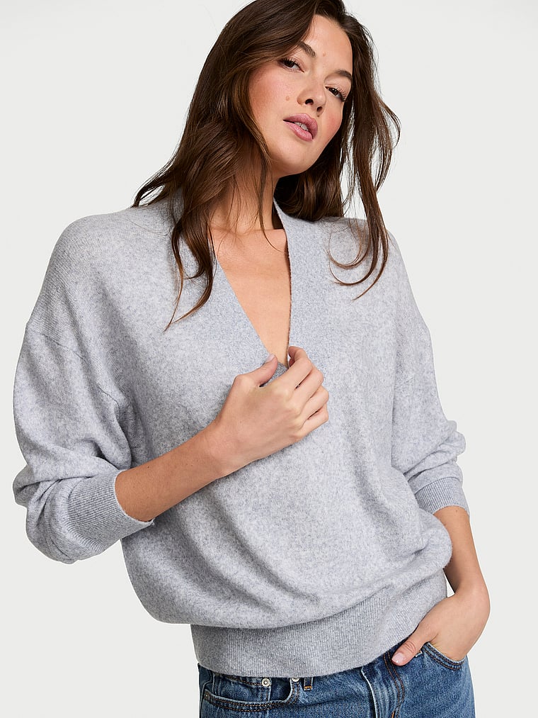 Victoria's Secret, Victoria's Secret Luxe Knit Oversized V-Neck Sweater, Medium Heather Grey, onModelFront, 1 of 3 Kennidy is 5'11" and wears Small