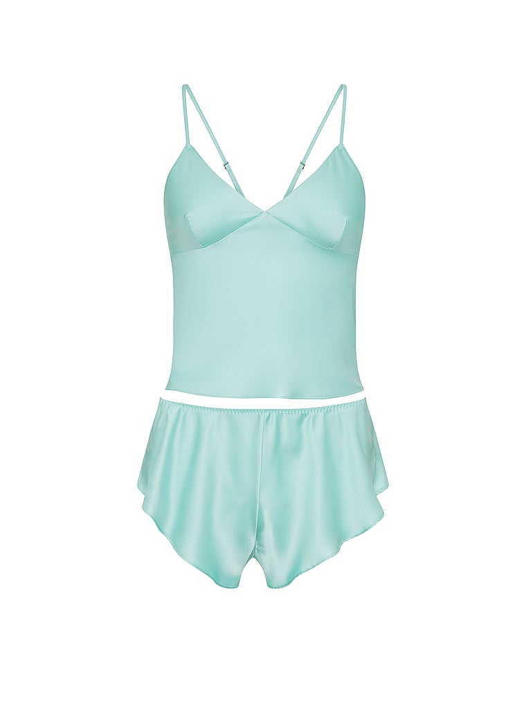 Victoria's Secret, Victoria's Secret Satin Open-Back Cami & Shorts Set, Canal Blue, offModelFront, 3 of 3