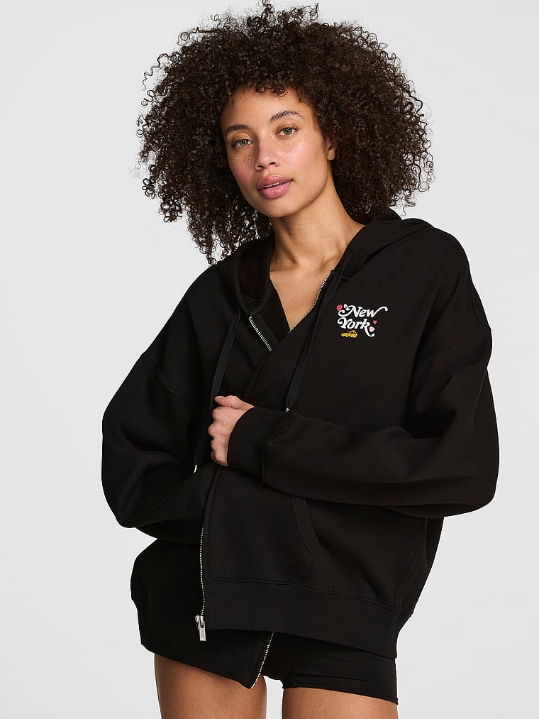 PINK Campus Fleece™ Full-Zip Hoodie, Pure Black, onModelBack, 2 of 4 Drew is 5'9" and wears Small