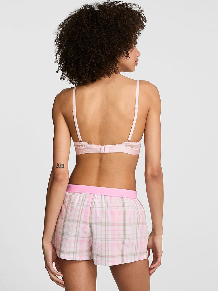 PINK Silky Sleep Shine Boxy Pajama Shorts, White/Pink/Slate Green Plaid, onModelBack, 2 of 3 Drew is 5'9" and wears Small