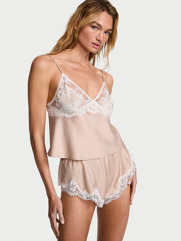 Victoria's Secret, Dream Angels Satin Lace-Trim Cami & Flutter Shorts Set, Oyster, onModelFront, 1 of 3
