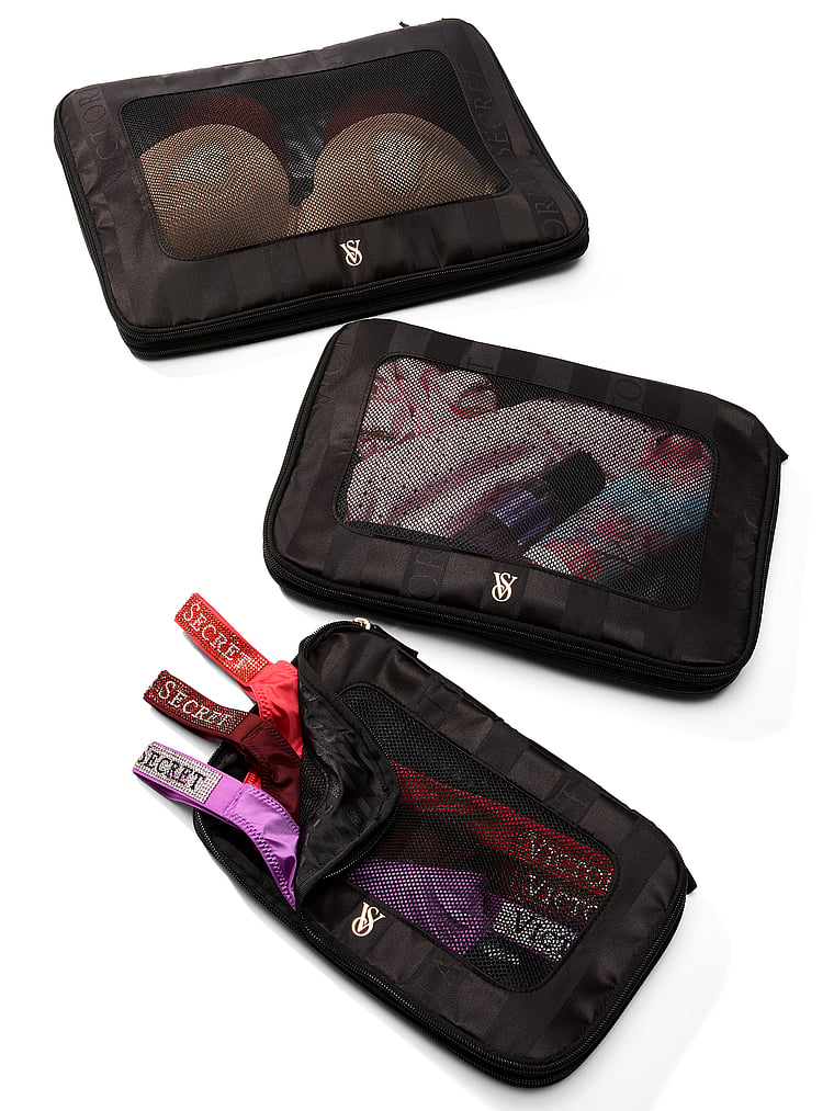 Victoria's Secret, Victoria's Secret 3-Piece Compression Packing Cubes Set, Black Logo Jacquard Stripe, offModelBack, 3 of 3