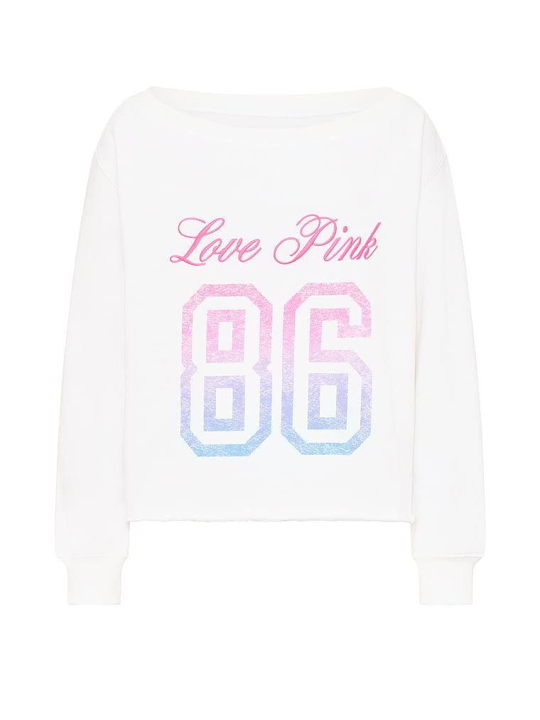PINK Campus Fleece™ Rib Off-The-Shoulder Sweatshirt, White, offModelFront, 3 of 3
