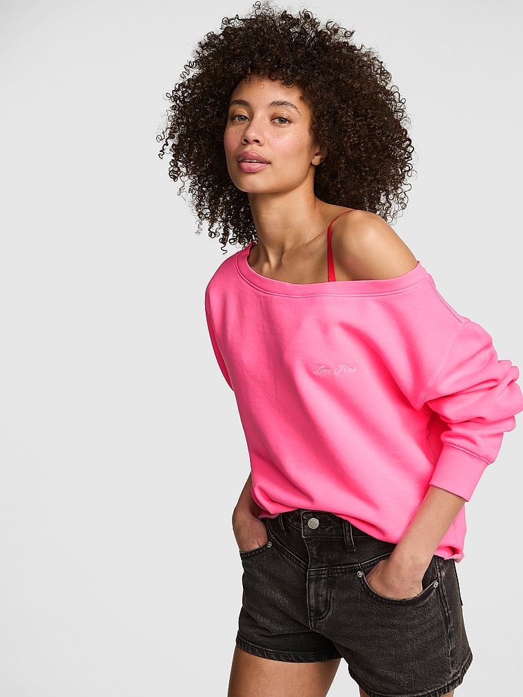 PINK Campus Fleece™ Rib Off-The-Shoulder Sweatshirt, Pink, onModelFront, 1 of 3 Drew is 5'9" or 175cm and wears Small