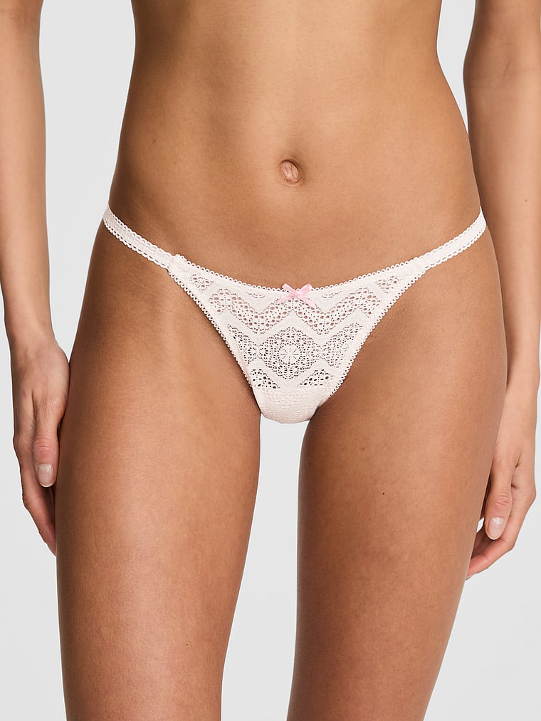 PINK PINK Wink™ Micro Thong Panty, Coconut White, onModelFront, 1 of 2 Drew is 5'9" and wears Small