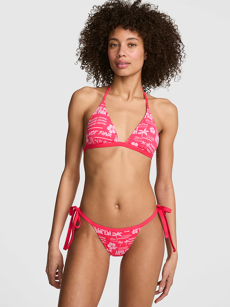 PINK SWIM Push-Up Triangle String Bikini Top, Logo Palm Patchwork, onModelFront, 1 of 3 Drew is 5'9" or 175cm and wears 32C or Small