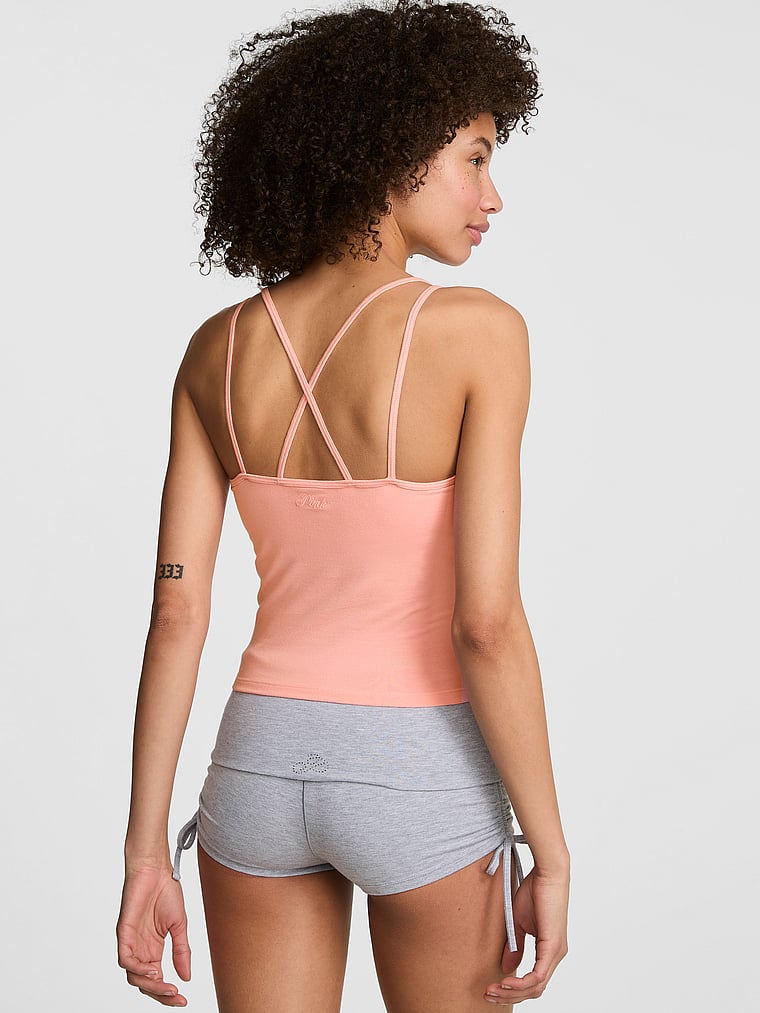 PINK All-Day Cotton™ Strappy Tank Top, Neon Apricot, onModelBack, 2 of 3 Drew is 5'9" or 175cm and wears Small