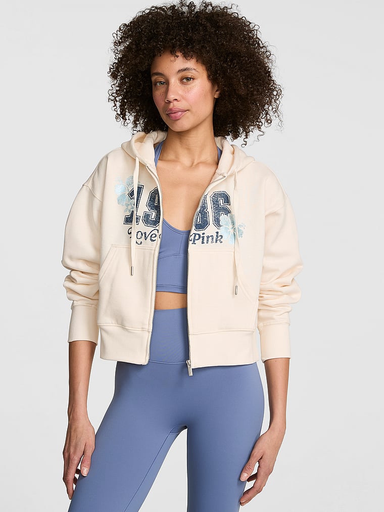 PINK Campus Fleece™ Shrunken Full-Zip Hoodie, Winter White Sunset, onModelFront, 1 of 4 Drew is 5'9" and wears Small