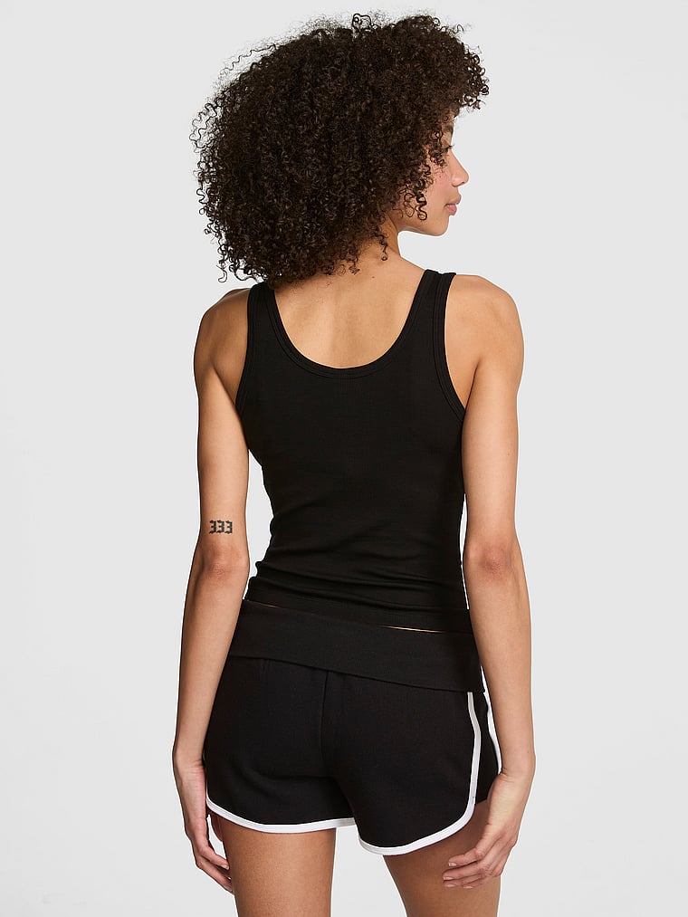 PINK Relaxed Rib Button-Down Tank Top, Pure Black, onModelBack, 2 of 3 Drew is 5'9" or 175cm and wears Small