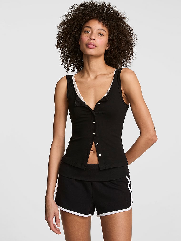 PINK Relaxed Rib Button-Down Tank Top, Pure Black, onModelFront, 1 of 3 Drew is 5'9" or 175cm and wears Small
