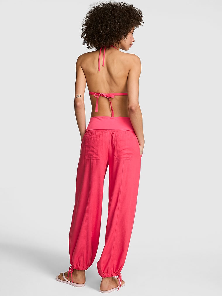 PINK Foldover Linen Jogger Pants, Candy Pink, onModelBack, 2 of 4 Drew is 5'9" and wears Small