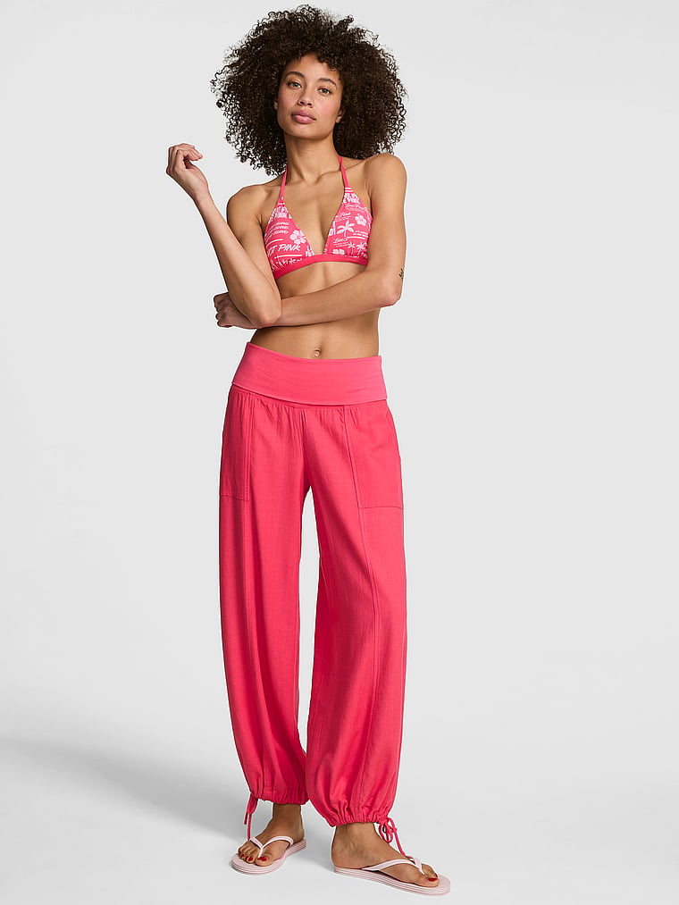 PINK Foldover Linen Jogger Pants, Candy Pink, onModelFront, 1 of 4 Drew is 5'9" and wears Small