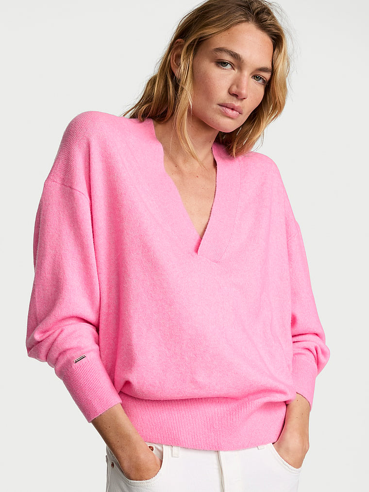 Victoria's Secret, Victoria's Secret Luxe Knit Oversized V-Neck Sweater, Pink Sugar, onModelFront, 1 of 2