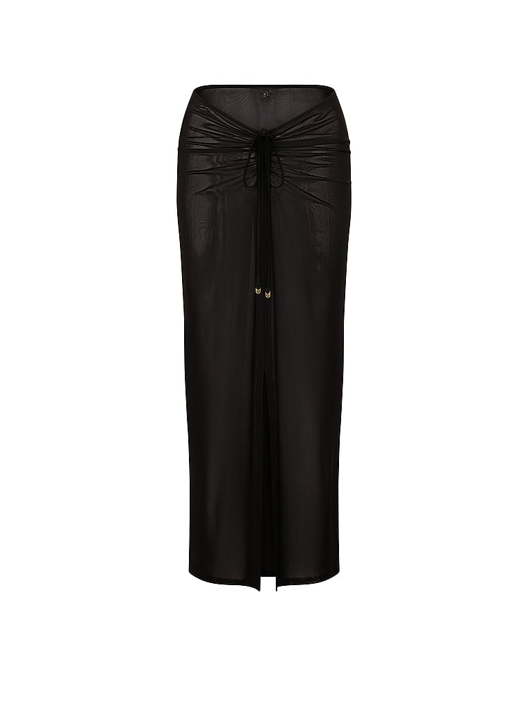 Victoria's Secret, Victoria's Secret Swim Beachwear Mesh Cinched Maxi Skirt, Pure Black, offModelFront, 3 of 3