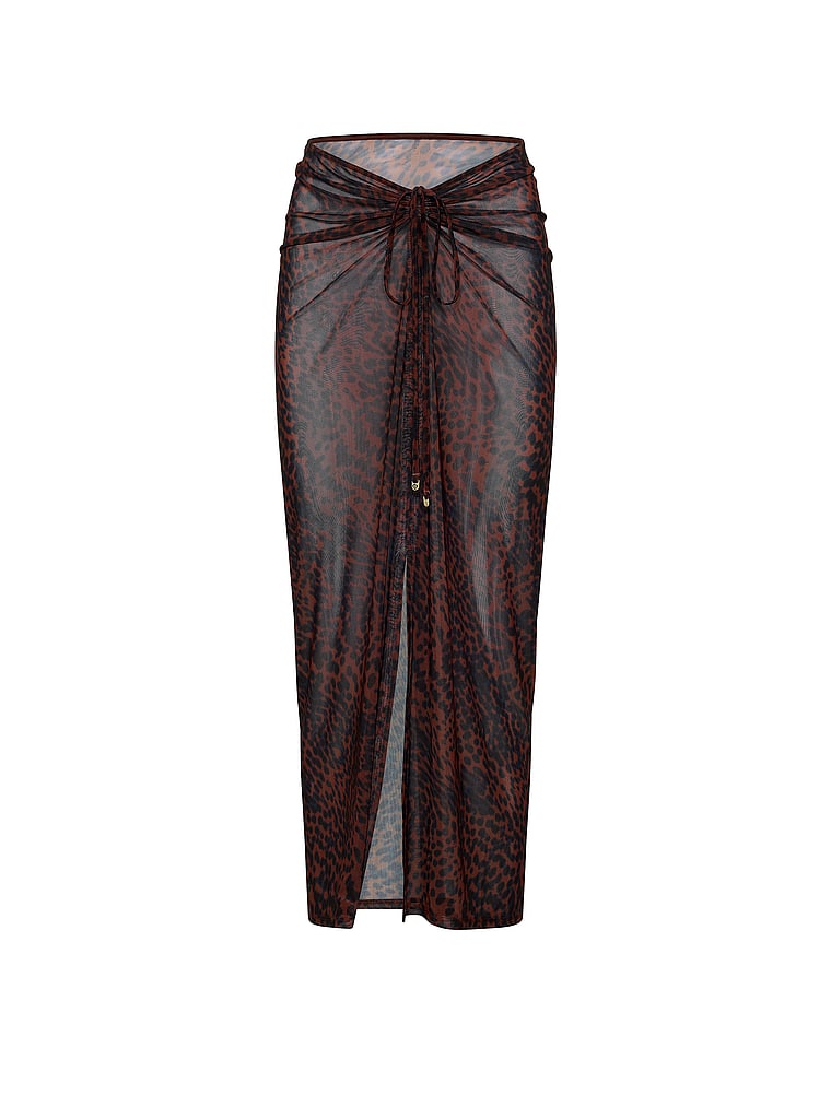 Victoria's Secret, Victoria's Secret Swim Beachwear Mesh Cinched Maxi Skirt, Dark Chili Cheetah, offModelFront, 4 of 4