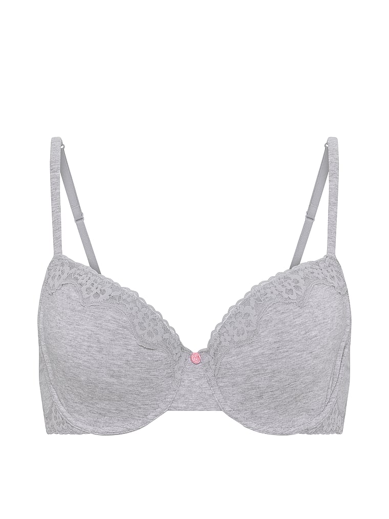 Victoria's Secret, The T-shirt Cotton Lace-Trim Unlined Demi Bra, Medium Heather Grey, offModelFront, 3 of 3