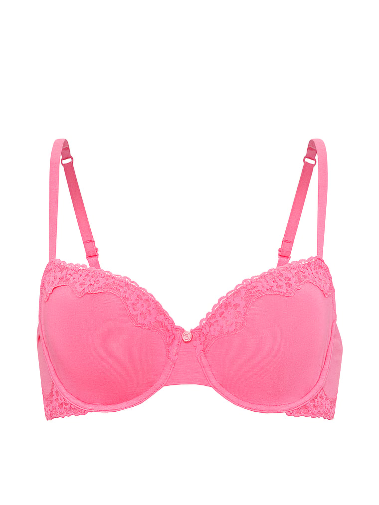 Victoria's Secret, The T-shirt Cotton Lace-Trim Unlined Demi Bra, Pink Radiance, offModelFront, 3 of 3