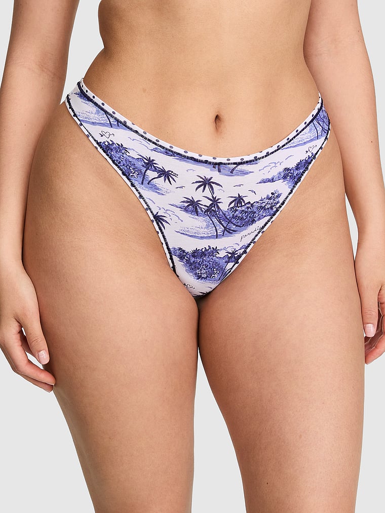PINK Cotton Lace-Trim Thong Panty, Noir Navy Toile Print, onModelFront, 1 of 3 Breanna is 5'8" or 173cm and wears Large