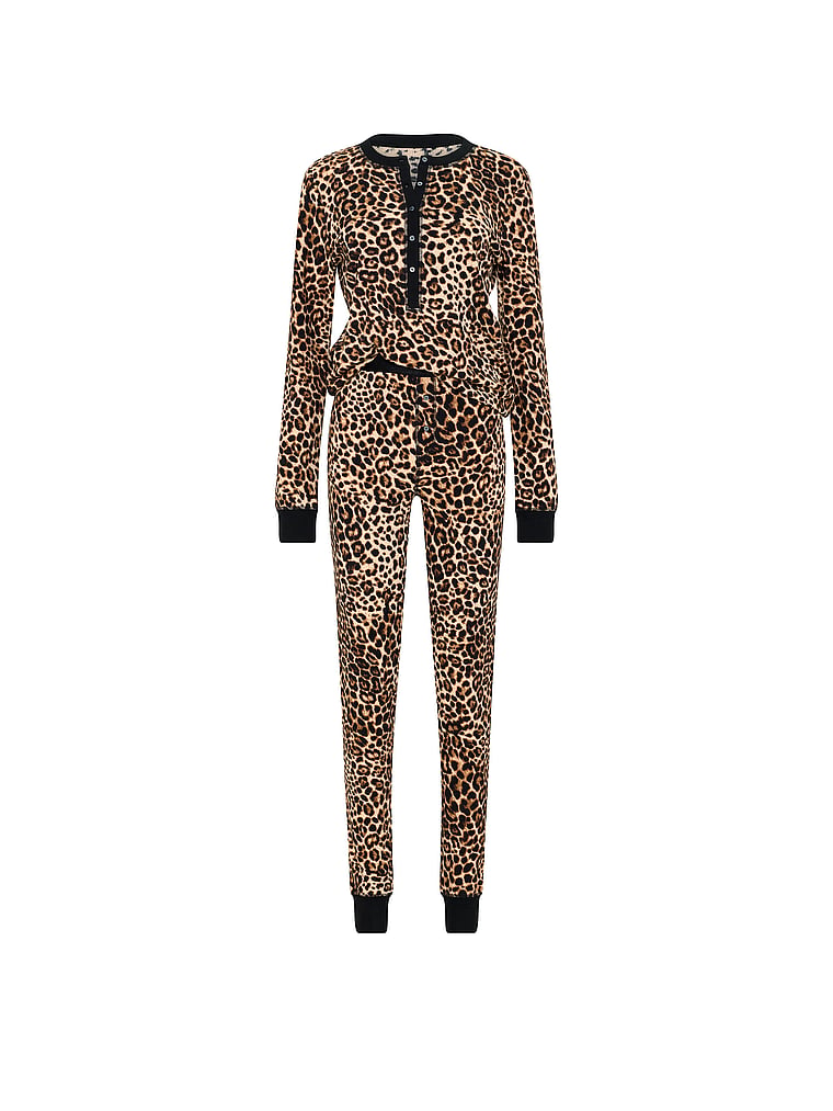 Victoria's Secret, Victoria's Secret Soft Thermal Henley Long Pajama Set, Leopard, offModelFront, 3 of 3