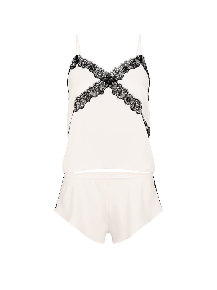 Victoria's Secret, Very Sexy Satin Rose Lace-Trim Cami & Flutter Short Set, Coconut White, offModelFront, 3 of 3