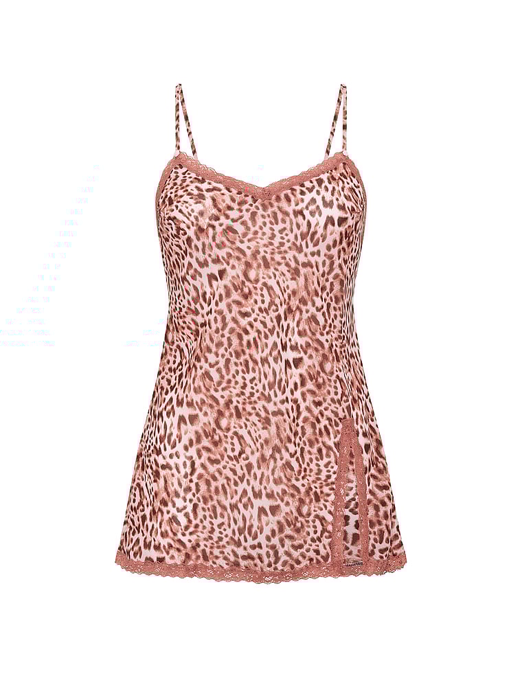Victoria's Secret, Dream Angels Chiffon Lace-Trim Mini Slip Dress, Angel Pink Leopard, offModelFront, 3 of 3