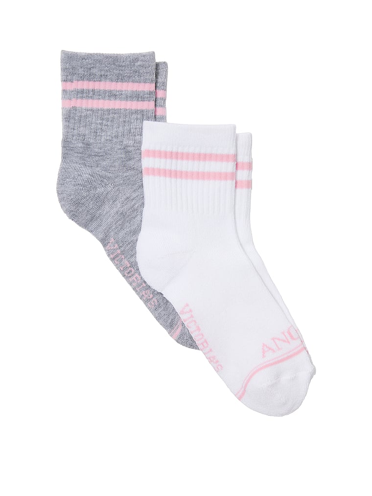 Victoria's Secret, Victoria's Secret 2-Pack Quarter Socks, Med Htr Grey And Vs White With Stripe, onModelFront, 1 of 2