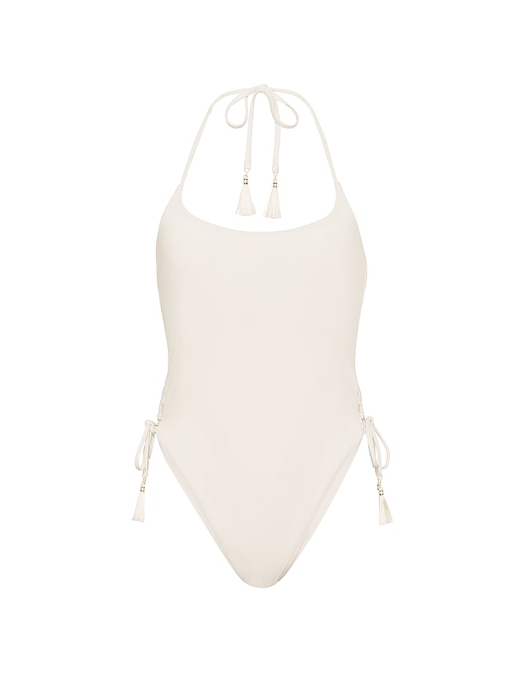 Victoria's Secret, Victoria's Secret Swim Beaded Lace-Up Brazilian One-Piece Swimsuit, Coconut White, offModelFront, 3 of 3