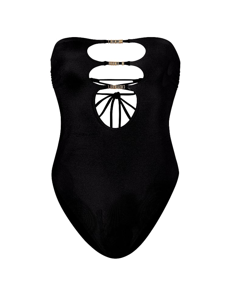 Victoria's Secret, Victoria's Secret Swim Reversible Cut-Out Rings Strapless One-Piece Swimsuit, Perfectly Bronzed Black, offModelFront, 3 of 3