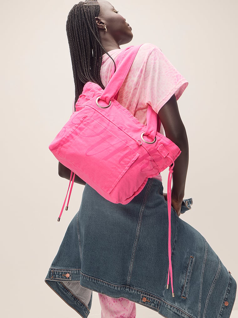 PINK Canvas Flat-Bottom Tote Bag, onModelSide, 3 of 4