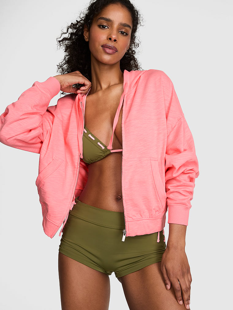 PINK Lightweight Lounge Full-Zip Hoodie, Frosted Coral, onModelFront, 1 of 4