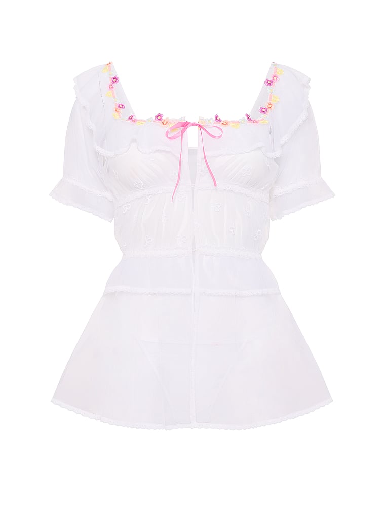 Victoria's Secret, Dream Angels Butterflies Embroidery Tulle Short-Sleeve Babydoll Set, White Butterflies, offModelFront, 3 of 3