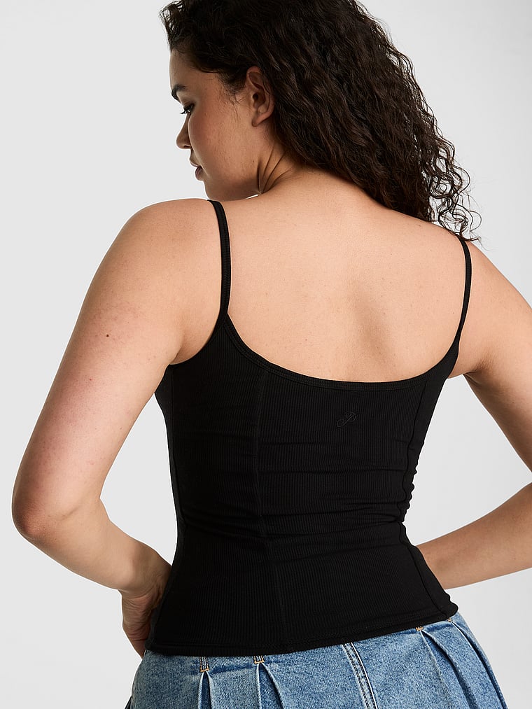 PINK All-Day Soft Rib Corset Tank Top, Pure Black, onModelBack, 2 of 3 Breanna is 5'8" and wears Medium