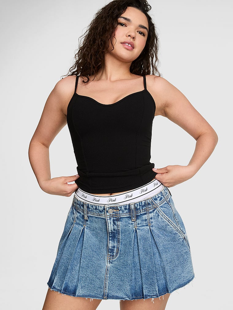 PINK All-Day Soft Rib Corset Tank Top, Pure Black, onModelFront, 1 of 3 Breanna is 5'8" and wears Medium