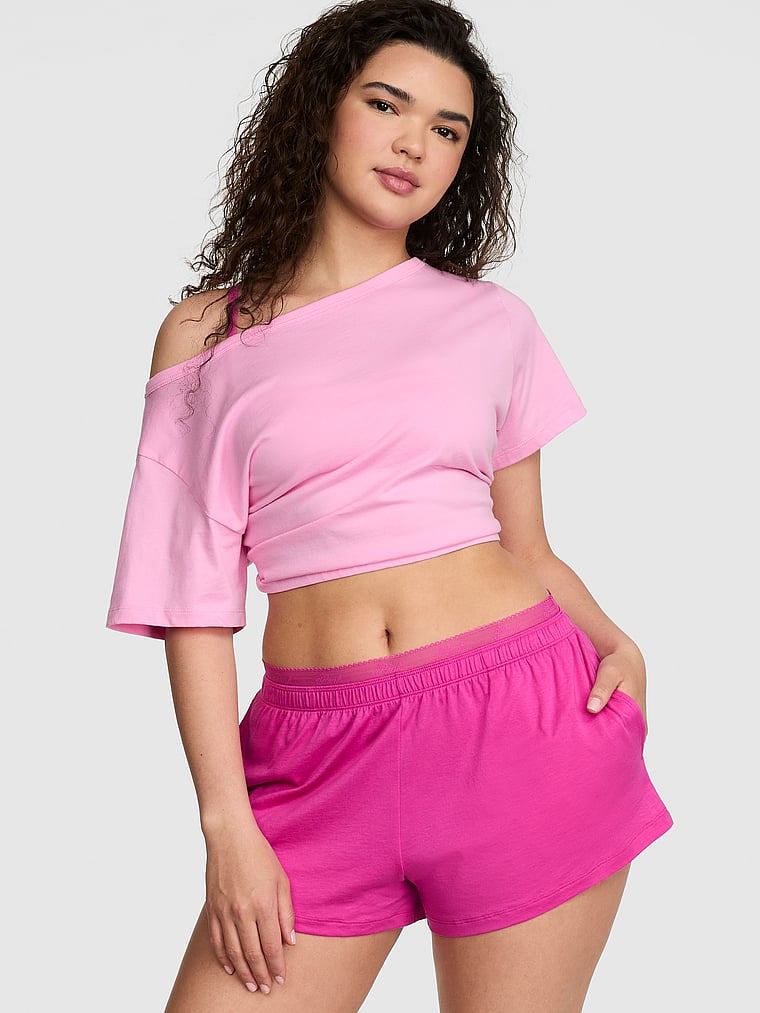 PINK Light as Air Jersey Shorts, Pink Fire, onModelFront, 1 of 4 Breanna is 5'8" and wears Large