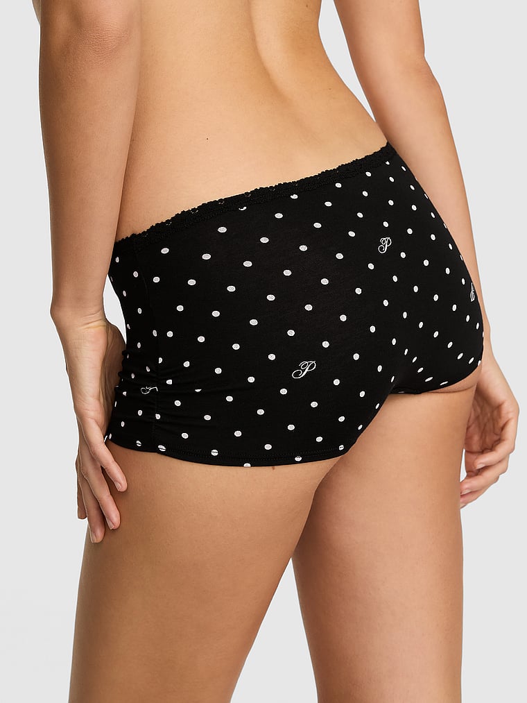 PINK Cotton Dorm Boyshort Panty, Black Dot P Script Print, onModelBack, 2 of 3