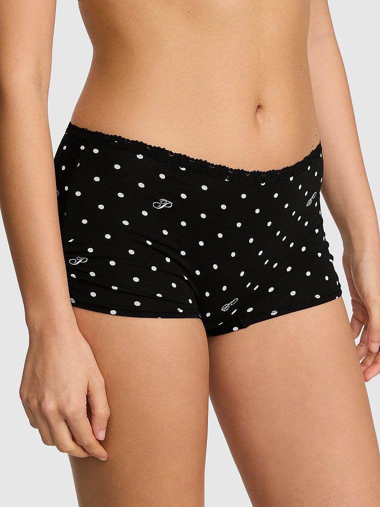PINK Cotton Dorm Boyshort Panty, Black Dot P Script Print, onModelFront, 1 of 3