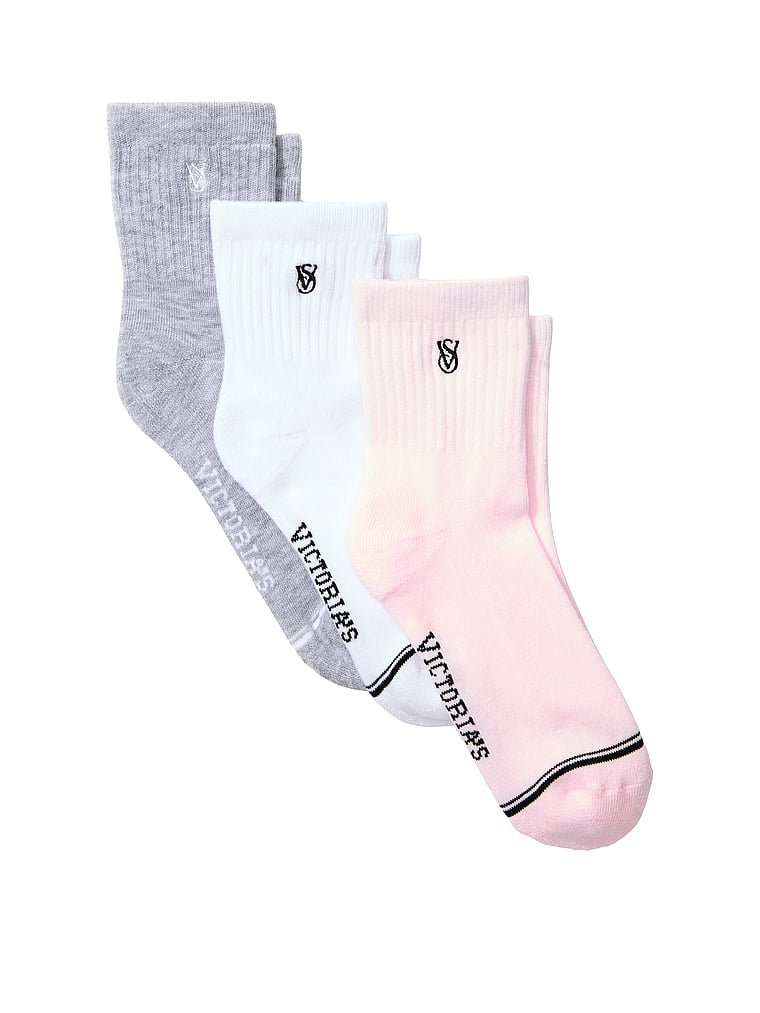 Victoria's Secret, Victoria's Secret 3-Pack Quarter Socks, Vs White / Pink Frosting / Med Htr Grey, onModelFront, 1 of 2