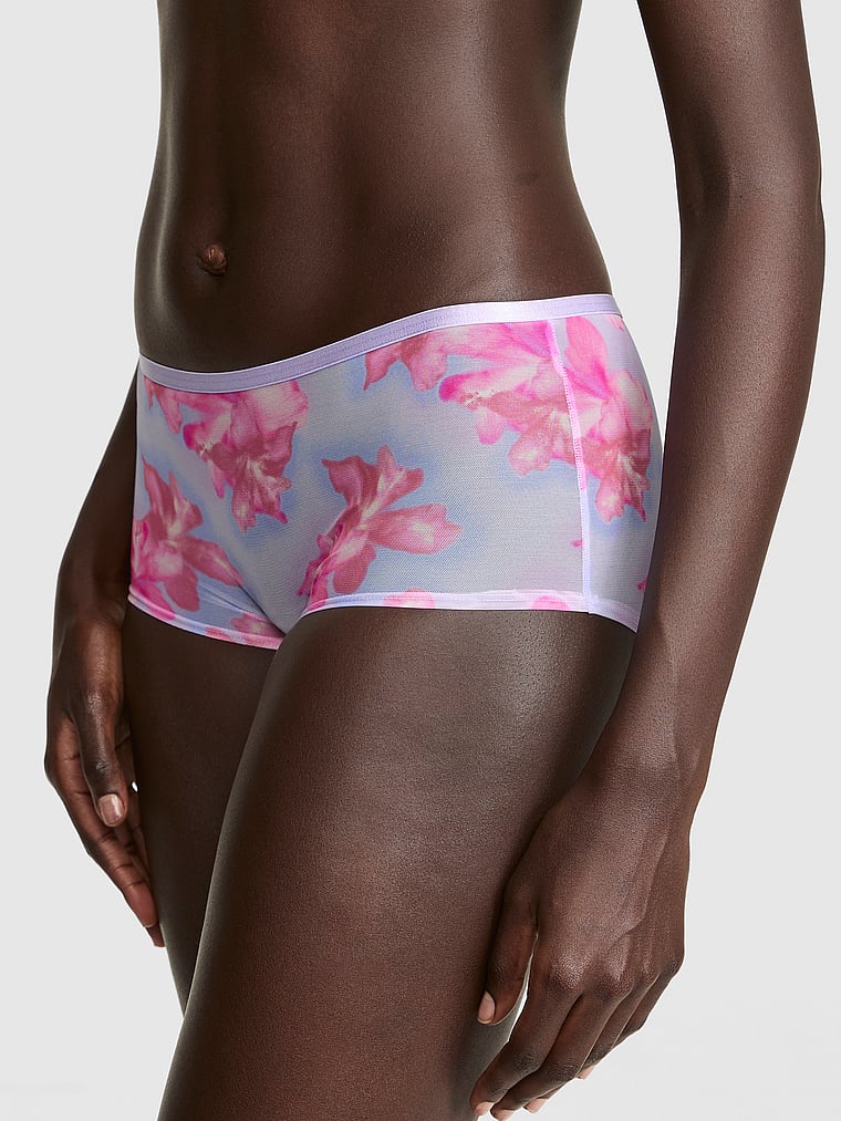 PINK Logo Cotton Boyshort Panty, Sweet Lavender Hibiscus Floral Print, onModelFront, 1 of 3