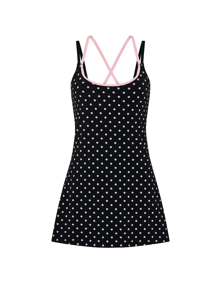 PINK All-Day Cotton™ Strappy Dress, Black With Pink Dots, offModelFront, 4 of 4