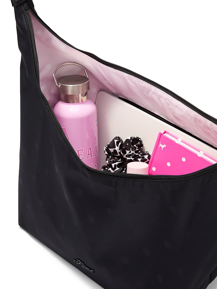 PINK Satin Nylon Hobo Bag, Black Jacquard Dot, offModelBack, 4 of 4