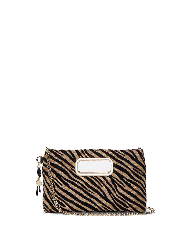 Victoria's Secret, Victoria's Secret Straw Clutch Crossbody Bag, Black Zebra Straw, onModelSide, 3 of 4