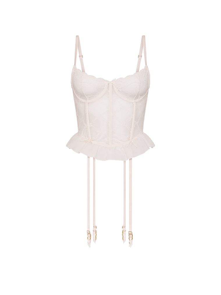 Victoria's Secret, Victoria's Secret Tease Bow Lace Garter Corset Top, Coconut White, offModelFront, 4 of 4
