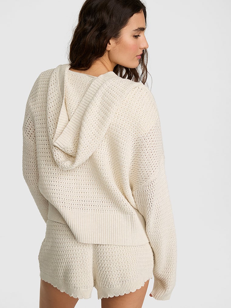 PINK Crochet V-Neck Hoodie, Natural Heather, onModelBack, 2 of 3