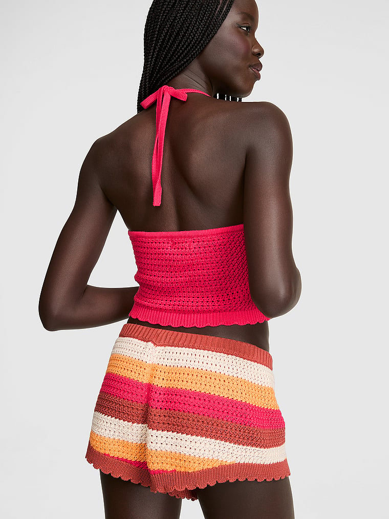 PINK Crochet Micro Shorts, Multi Stripes, onModelBack, 3 of 4