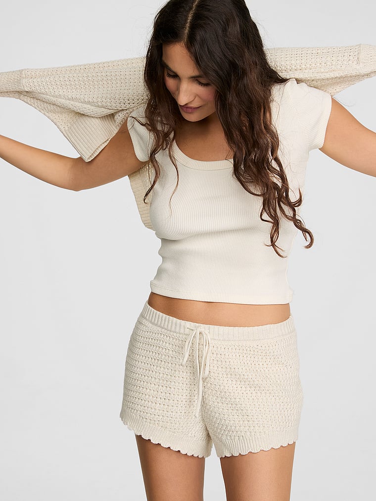 PINK Crochet Micro Shorts, Natural Heather, onModelFront, 1 of 3