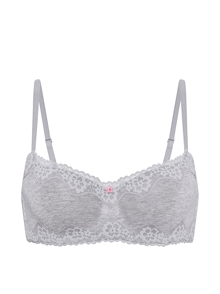 Victoria's Secret, The T-shirt Cotton Lace-Trim Lightly Lined Balconette Bra, Medium Heather Grey, offModelFront, 3 of 3