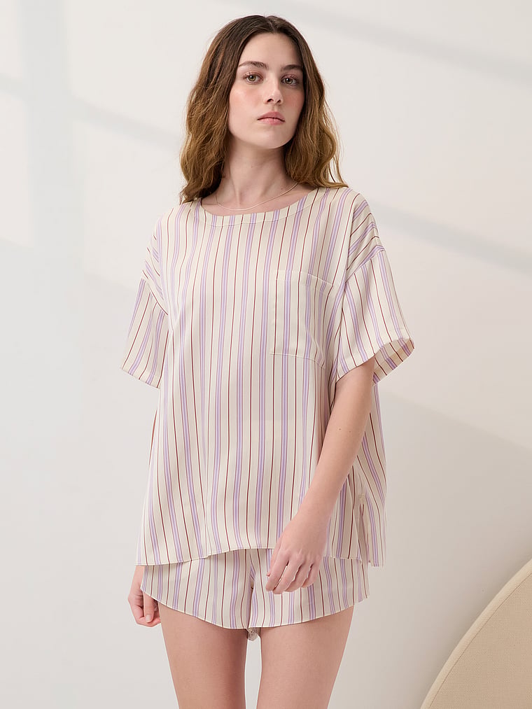 Victoria's Secret, Lunya Washable Silk Tee Short Set, Wisteria Stripe, onModelFront, 1 of 3