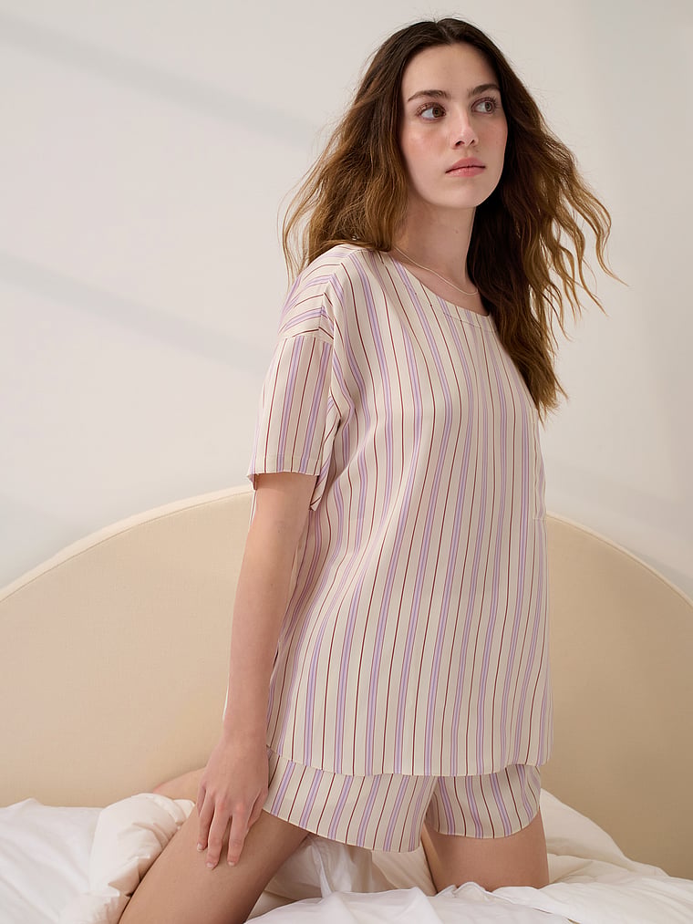 Victoria's Secret, Lunya Washable Silk Tee Short Set, Wisteria Stripe, onModelSide, 3 of 3