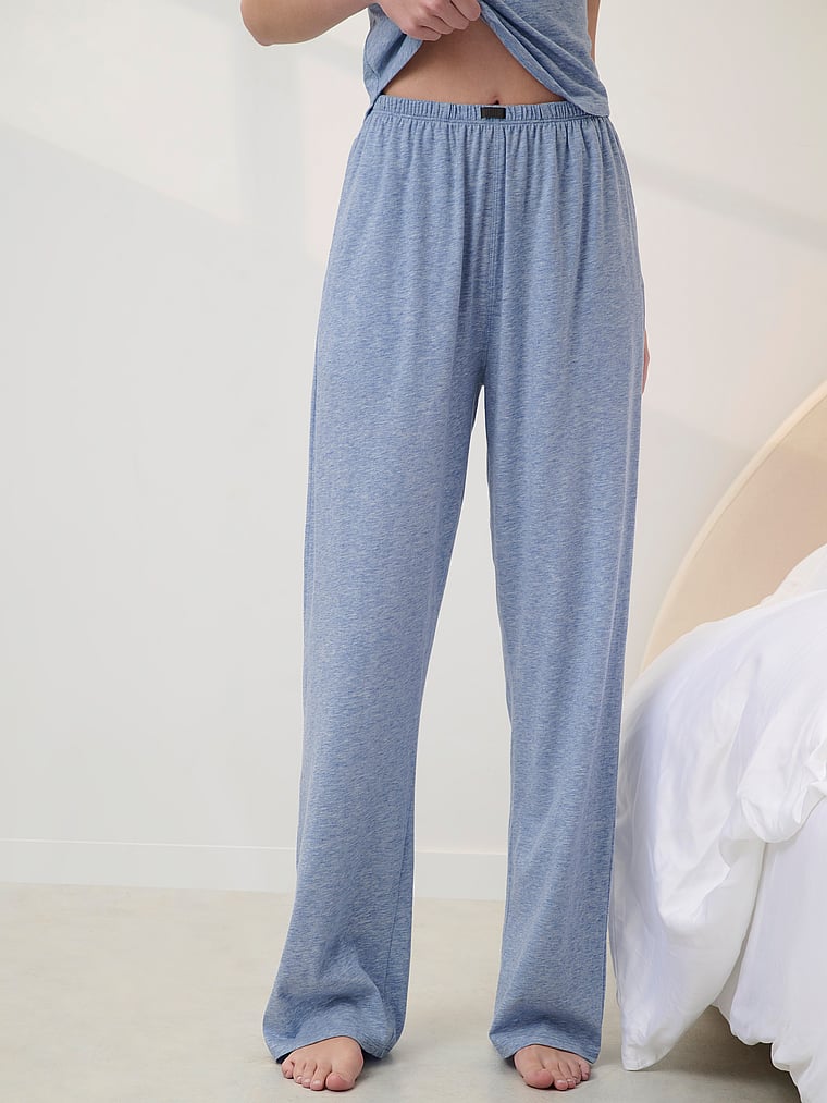 Victoria's Secret, Lunya Organic Pima Straight-Leg Pajama Pant, Cloud Blue Heather, onModelFront, 1 of 4